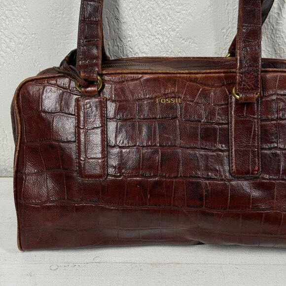 Fossil Croc Embossed Leather Satchel Brown Structured Shoulder Bag - Picture 5 of 16